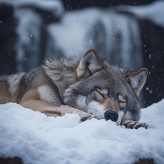 Obraz premium Gray Wolf Sleeping Peacefully in the Snow Covered Area During Wintertime in Forest Setting