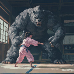  A young woman in a pink kimono stands on a tatami mat facing a huge, powerful black monster with a toothy mouth. A metaphorical representation of confronting one's inner fears