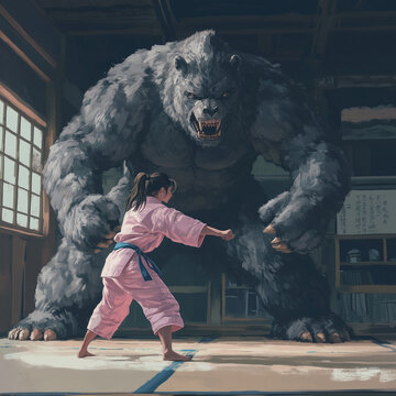  A young woman in a pink kimono stands on a tatami mat facing a huge, powerful black monster with a toothy mouth. A metaphorical representation of confronting one's inner fears