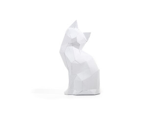 Isolated Origami cat. White kitty cat made of folded paper sitting and looking at camera. Geometric or low poly figure. Pet concept or animal arts and crafts. Selective focus.
