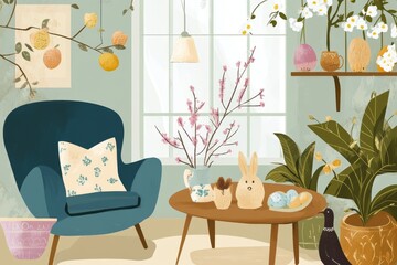 Indoor Easter Scene with Bunny Figurine and Egg Display on Table Near Plant and Armchair