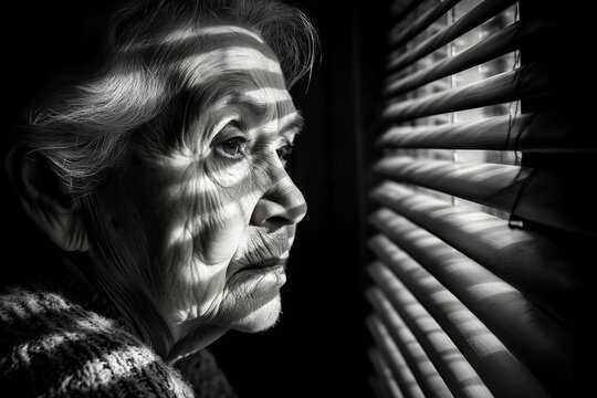 Elderly woman looking out window, black and white.
