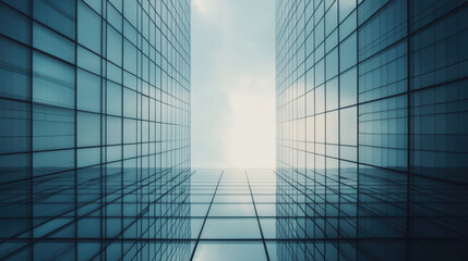 A sleek glass skyscraper with symmetrical windows, reflecting the sky and adding depth to its architecture