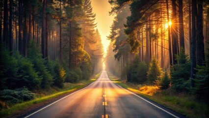 Asphalt road through a sunlit forest at sunrise, leading to a bright future