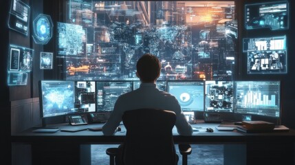 Man at Console in Control Room Monitoring Displays With World Map and Data Visualizations