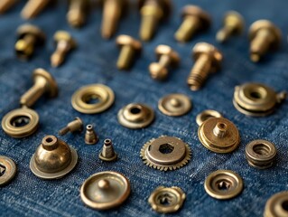 Metal Screws and Fasteners on Blue Textile Surface Close up View Brass Hardware Components