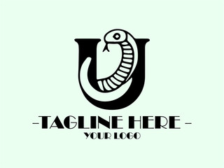 Fototapeta premium Black snake forms inside black letter U background vector illustration, black snake slithering in shape of letter inside U. Suitable for reptilerelated graphics and creative typography designs