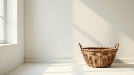 A sunlit room with a spacious, empty wicker basket near a bright window providing a calm, minimalist aesthetic