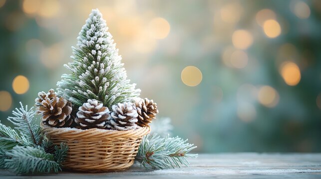 Mini frosted Christmas tree in a wicker basket with snow-dusted branches and pine cones, placed on a rustic wooden table for a festive winter holiday decor.