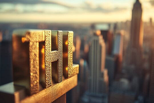 Golden THL letters on city skyline at sunset.