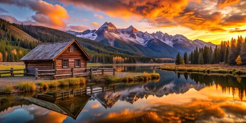 Naklejka premium Serene Lakeside Cabin at Sunset with Majestic Mountain Reflection