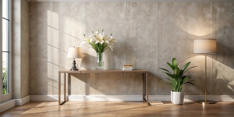 Fototapeta premium Sunlit Interior Design Featuring a Console Table with Flowers and Lamps