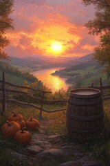 A cozy Thanksgiving celebration at a countryside farmhouse, with families enjoying a feast, children playing outside, and the sun setting over a pumpkin-filled field. Add intricate patterns 
