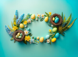 Naklejka premium Pastel Easter eggs and spring blossoms arranged in a wreath shape on a light blue background. Perfect for springtime celebrations.