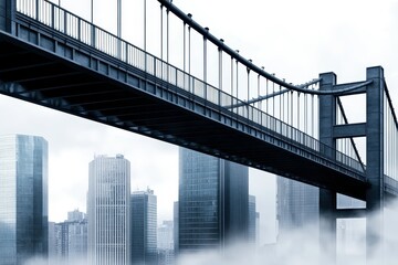 Obraz premium Majestic Suspension Bridge Towering Over Modern Skyscrapers in a Misty Urban Landscape, Showcasing Architectural Beauty and City Life Atmosphere
