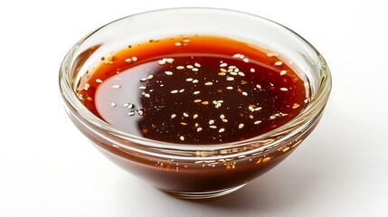 A close-up of a salad bowl garnished with sesame seeds and a light vinaigrette dressing on a plain white background 