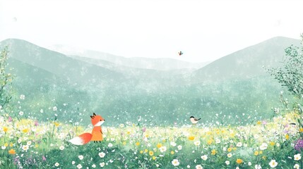 A serene landscape featuring a fox and a bird amidst a field of colorful flowers.