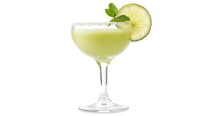 A glass of green smoothie garnished with a slice of lime and a sprig of mint displayed on a clean white background 