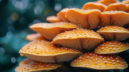 Cluster of vibrant orange mushrooms growing in nature