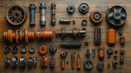A collection of various mechanical parts arranged on a wooden surface.