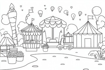 Naklejka premium A lively carnival coloring book page featuring a carousel, food trucks selling cotton candy, and acrobats performing on a brightly lit stage. Add confetti falling in the air, intricate patterns 