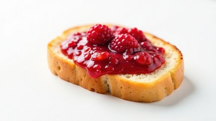 A single slice of bread topped with homemade raspberry preserves and whole raspberries, showcasing a delightful breakfast treat