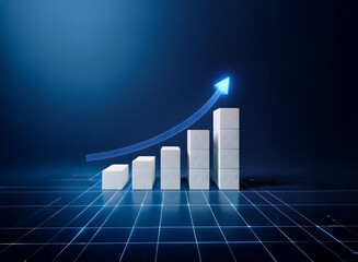 Ascending bar graph showcases exponential growth with a luminous blue arrow pointing upward against a dark blue, gridded background. The image symbolizes progress and success.