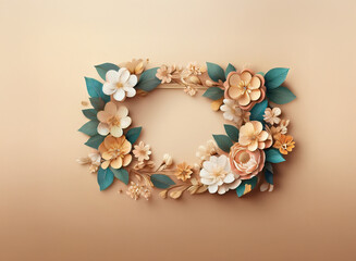 Elegant paper flowers in creamy, peach, and teal hues form a rectangular frame against a beige backdrop.  The delicate arrangement suggests spring or a wedding.