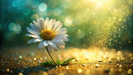 A Single Daisy in Golden Light, Sparkling Dust and a Soft Green Bokeh Background