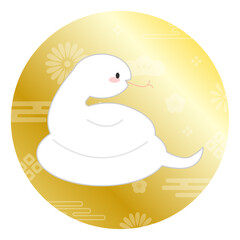 お正月に使える金色グラデーション背景付きかわいい白へびアイコンイラスト