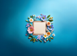 A blank square card is surrounded by a vibrant ring of colorful paper flowers on a bright blue background.  The scene evokes springtime and celebration.