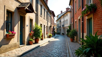 Fototapeta premium A sun-drenched cobblestone street lined with charming, historic buildings, featuring vibrant potted plants and quaint doorways.