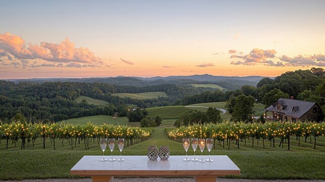 A magical engagement celebration at a hilltop vineyard with fairy lights strung between grapevines, a couple raising glasses of wine, and a sunset painting the sky. Include intricate patterns 