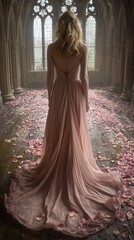 A magical fairytale wedding in a castle courtyard with glowing chandeliers, floral arches, and guests dressed in elegant gowns. Add intricate lace patterns on the dresses and soft glowing textures 