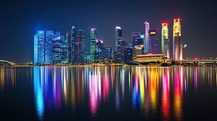 Fototapeta premium Vibrant cityscape at night, reflected in calm water.