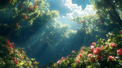 Naklejka premium A serene forest scene with vibrant flowers and rays of sunlight filtering through trees.