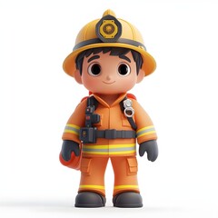Fototapeta premium A charming 3D rendered image of a cute little boy dressed as a firefighter. Adorable 3d character firefighter