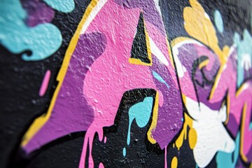 Close-up of vibrant pink, purple, and teal graffiti art on a textured black wall.