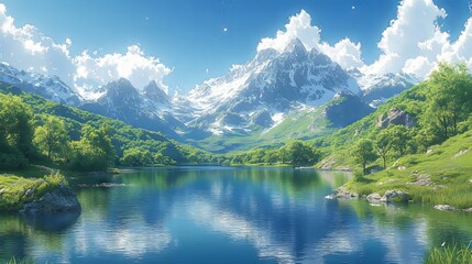 Serene mountain landscape with lush greenery and a reflective lake under clear skies.