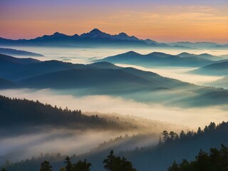 Obraz premium The First Light Breaking Through Fog: A Majestic Misty Mountain Range at Dawn, Where Nature Awakens in a Serene Embrace of Light and Mist, Revealing Its Hidden Beauty