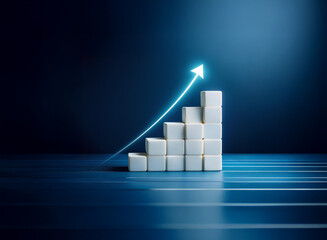 Ascending white cubes form a rising graph with a glowing arrow, symbolizing growth and progress against a dark blue background.  The scene is sleek and modern, suggesting upward trajectory and success
