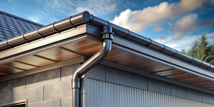 Modern home exterior detail dark metal roofline, gutter system, and wood soffit