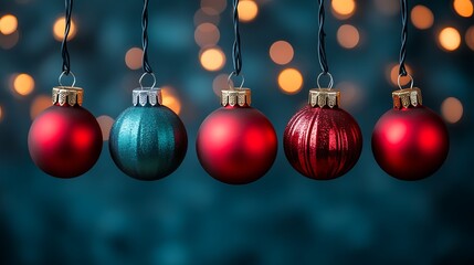 Obraz premium Festive Red and Teal Christmas Ornaments Hanging Decor