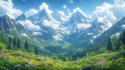 Fototapeta premium Breathtaking mountain landscape with vibrant wildflowers under a clear blue sky.