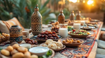 A traditional and serene iftar meal, with dates, milk, and a light breakfast spread on a table, shared by family members © Nina