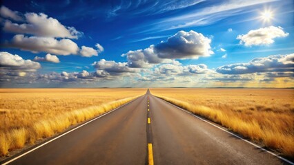 Naklejka premium Asphalt road stretching towards a sunny horizon across a vast golden field under a vibrant blue sky with fluffy white clouds
