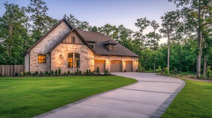 Luxurious stone house with landscaped yard and driveway at dusk.