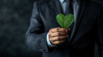 Businessman in Suit Holding Green Heart-Shaped Leaf Highlighting Ecology