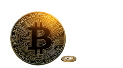 Single Bitcoin Coin with Blockchain Design on Transparent Background Close-Up 