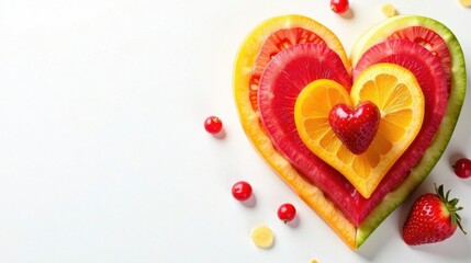 Fototapeta premium A vibrant heart-shaped arrangement of juicy fruit slices, a symbol of healthy eating and well-being, featuring a delightful array of citrus and berry accents.
